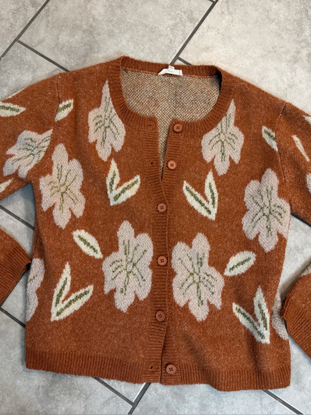 Rust Floral Button-Front Women’s Sweater Cardigan